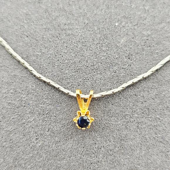Two Tone Silver & Gold Tone Necklace Dark Blue Crystal Stone Charm Small Simple - Picture 2 of 5